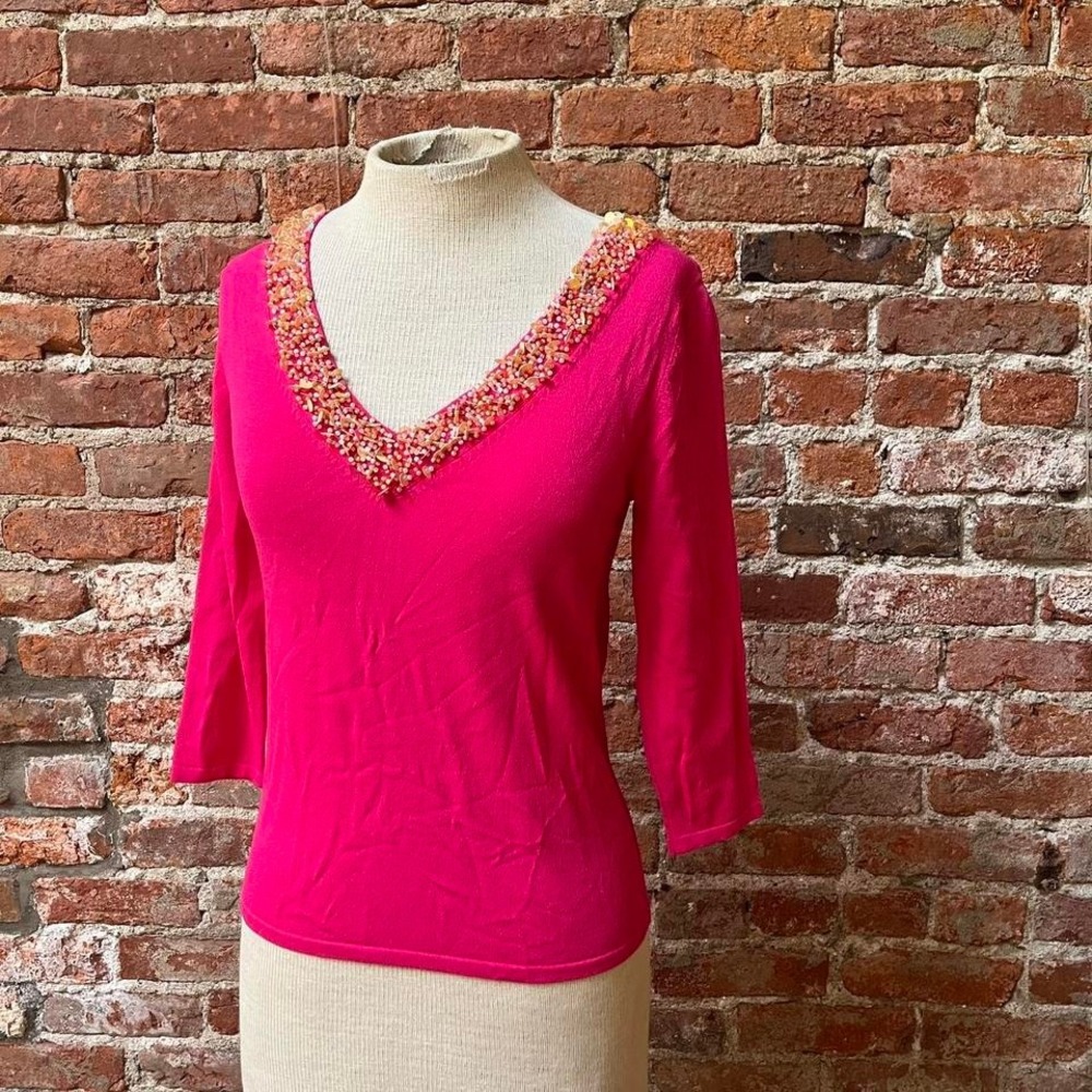 Bob Mackie Studio Hot Pink Sequin 3/4 Sleeve Y2k V-neck Blouse Top - Small